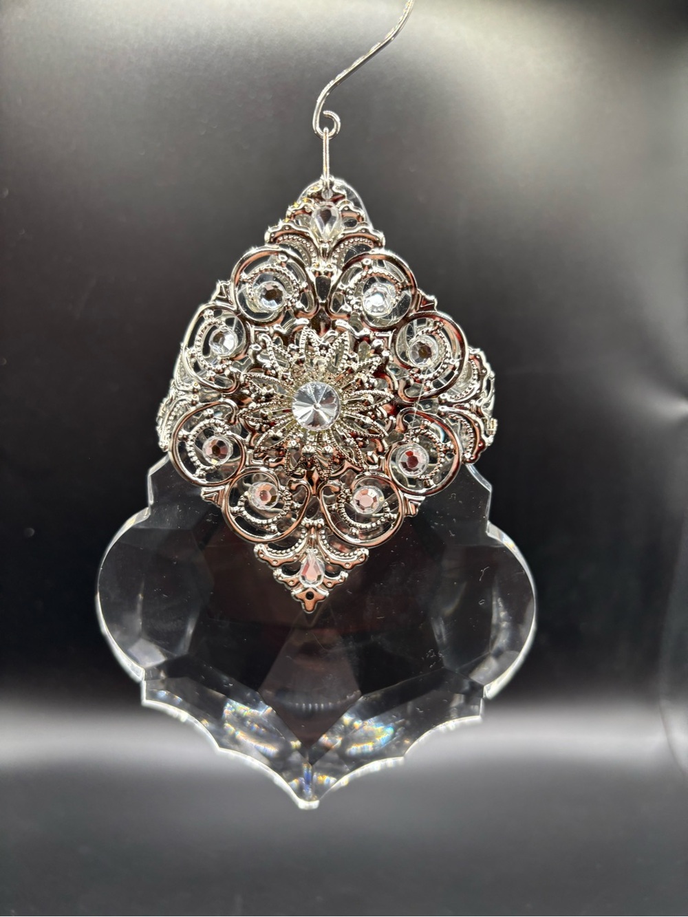 Large Christmas Ornate Rhinstone Ornament Lucite Silvertone Heavy Bling